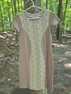 AND Brand Tan Mini Dress with Cream Lace Panel Front/Back Vintage Sz M